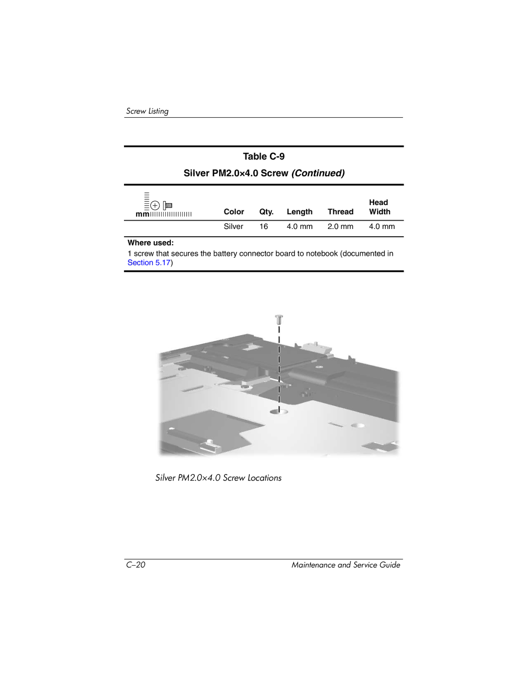 HP ze2000 manual Table C-9 Silver PM2.0×4.0 Screw 