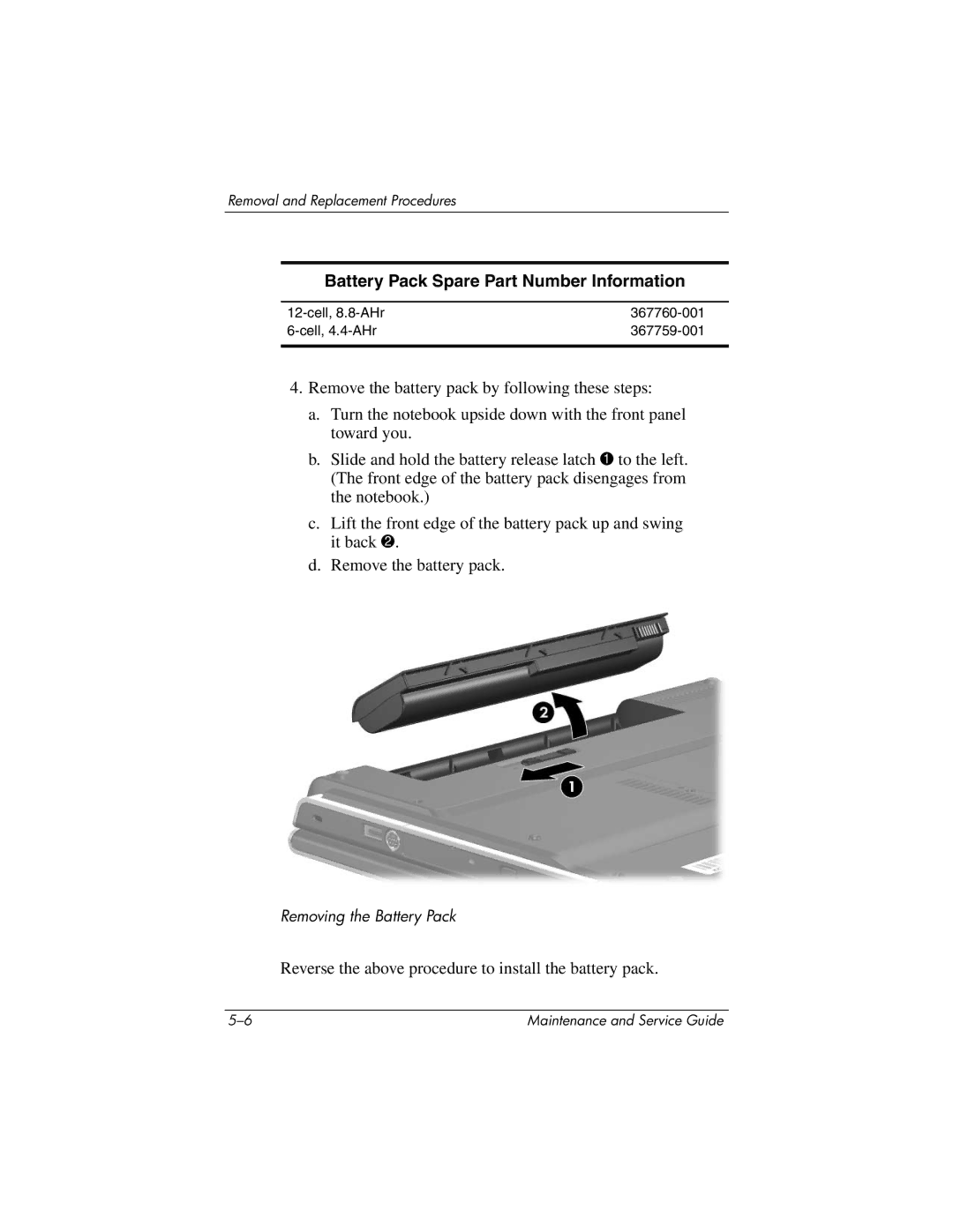 HP ze2000 manual Battery Pack Spare Part Number Information 