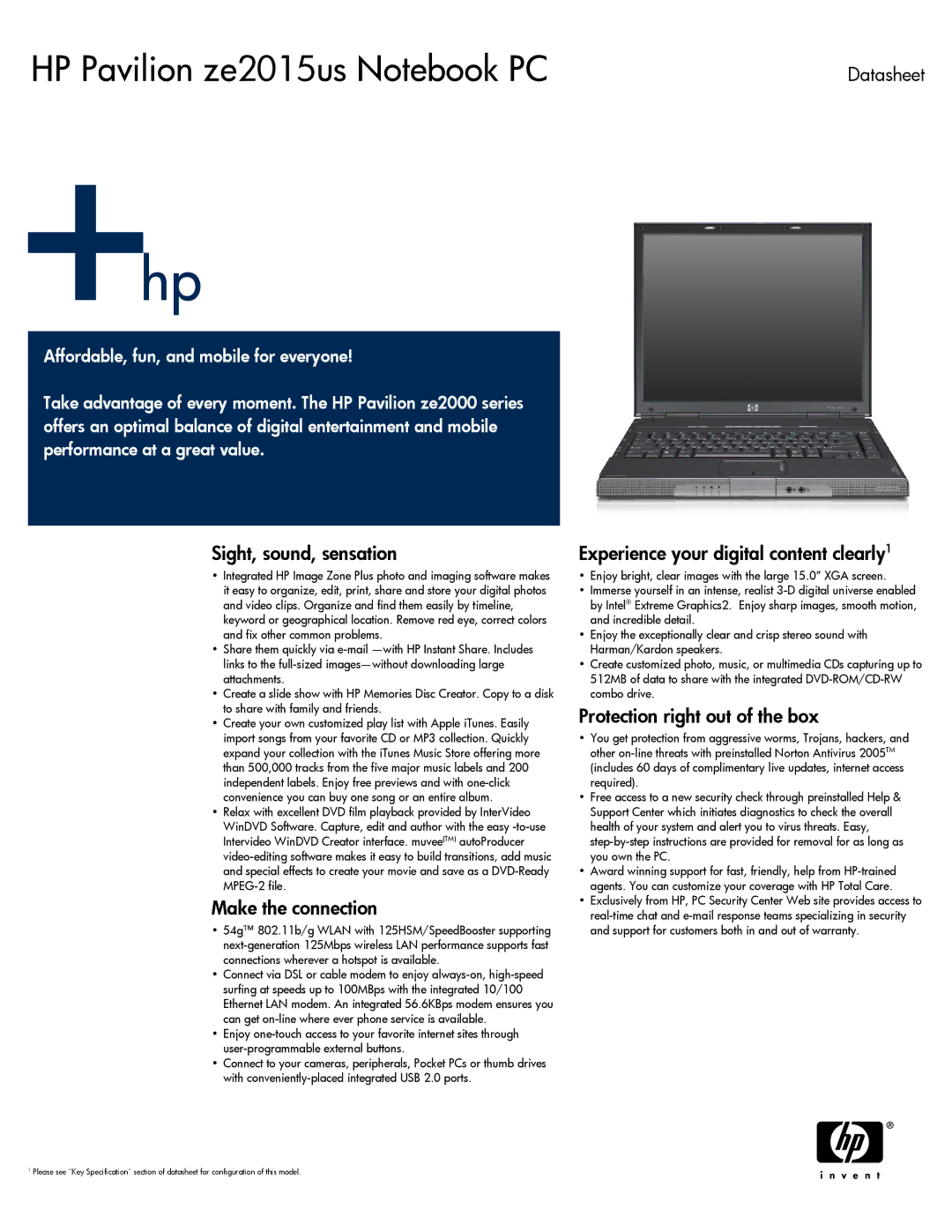 HP ze2015us manual Datasheet, Protection right out of the box, Make the connection, Performance at a great value 