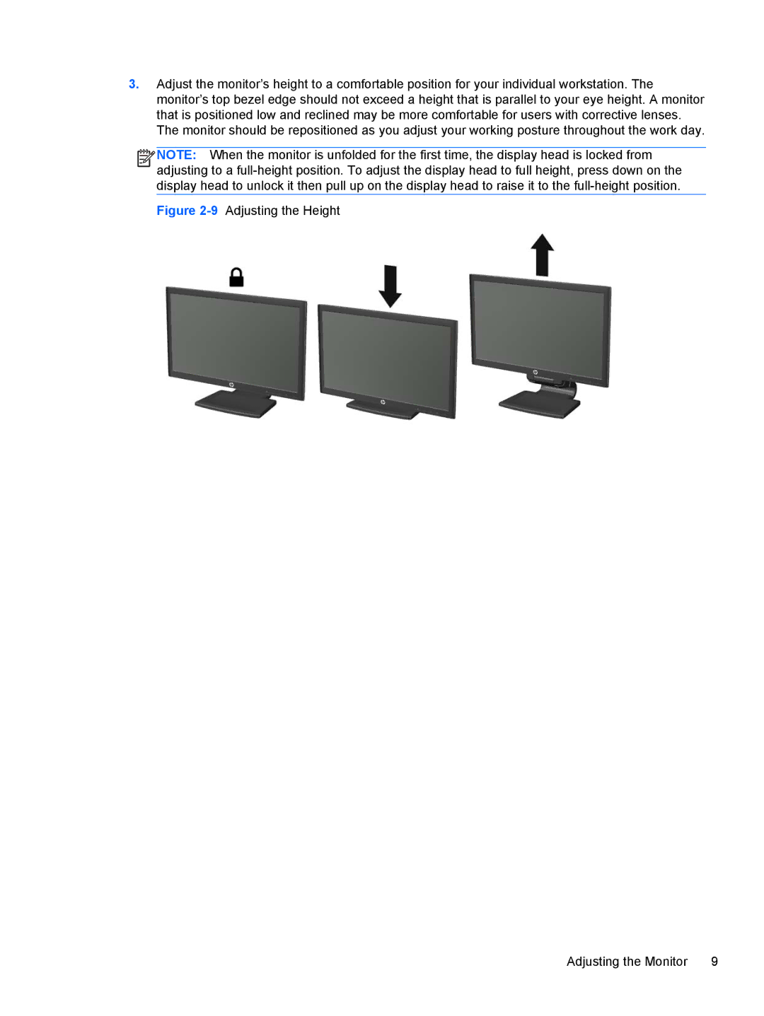 HP ZR2330w manual 9Adjusting the Height Adjusting the Monitor 