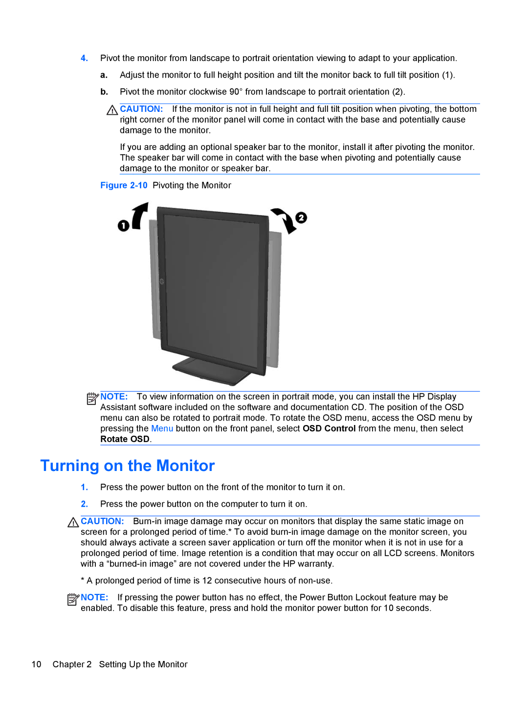 HP ZR2330w manual Turning on the Monitor, 10Pivoting the Monitor 