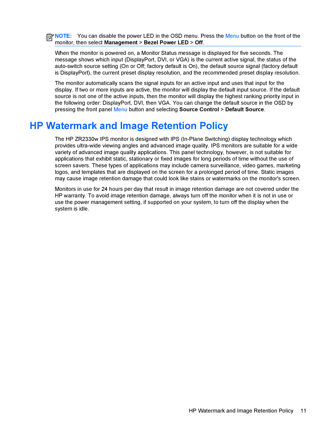 HP ZR2330w manual HP Watermark and Image Retention Policy 