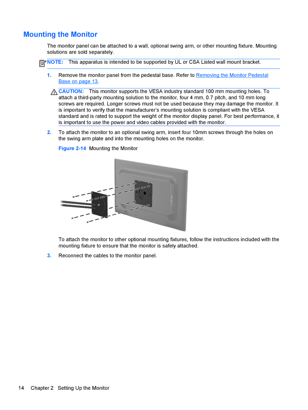 HP ZR2330w manual Mounting the Monitor 