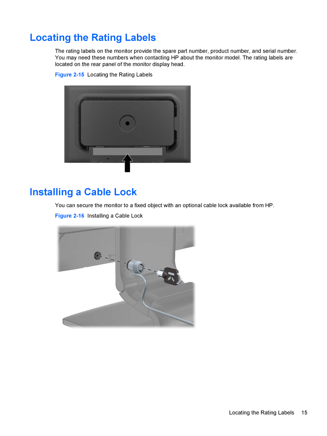 HP ZR2330w manual Locating the Rating Labels, Installing a Cable Lock 