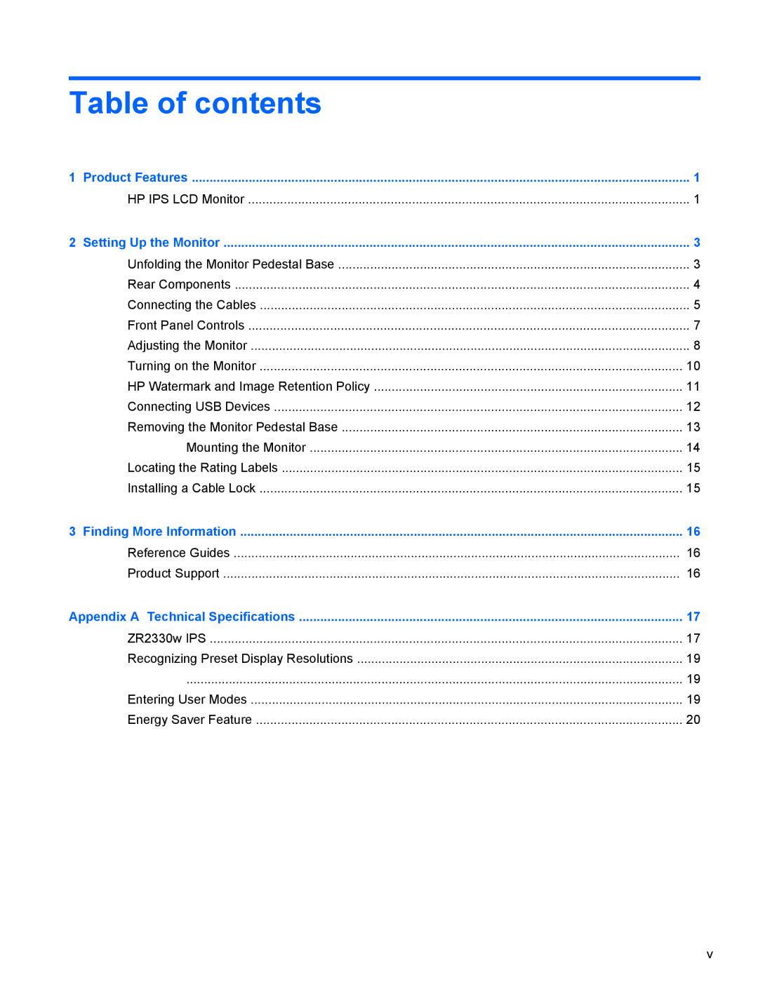 HP ZR2330w manual Table of contents 