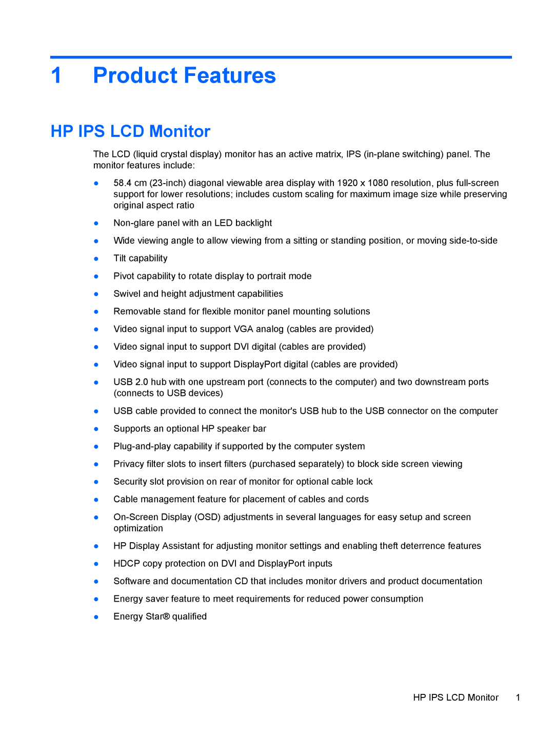 HP ZR2330w manual Product Features, HP IPS LCD Monitor 