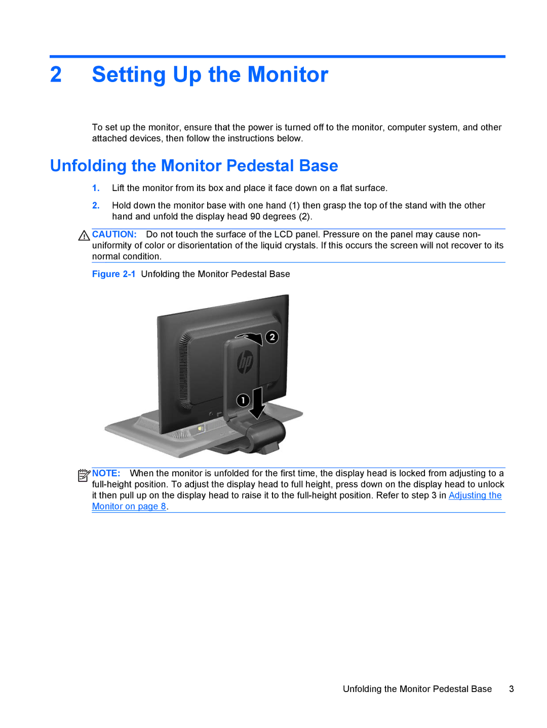 HP ZR2330w manual Setting Up the Monitor, Unfolding the Monitor Pedestal Base 