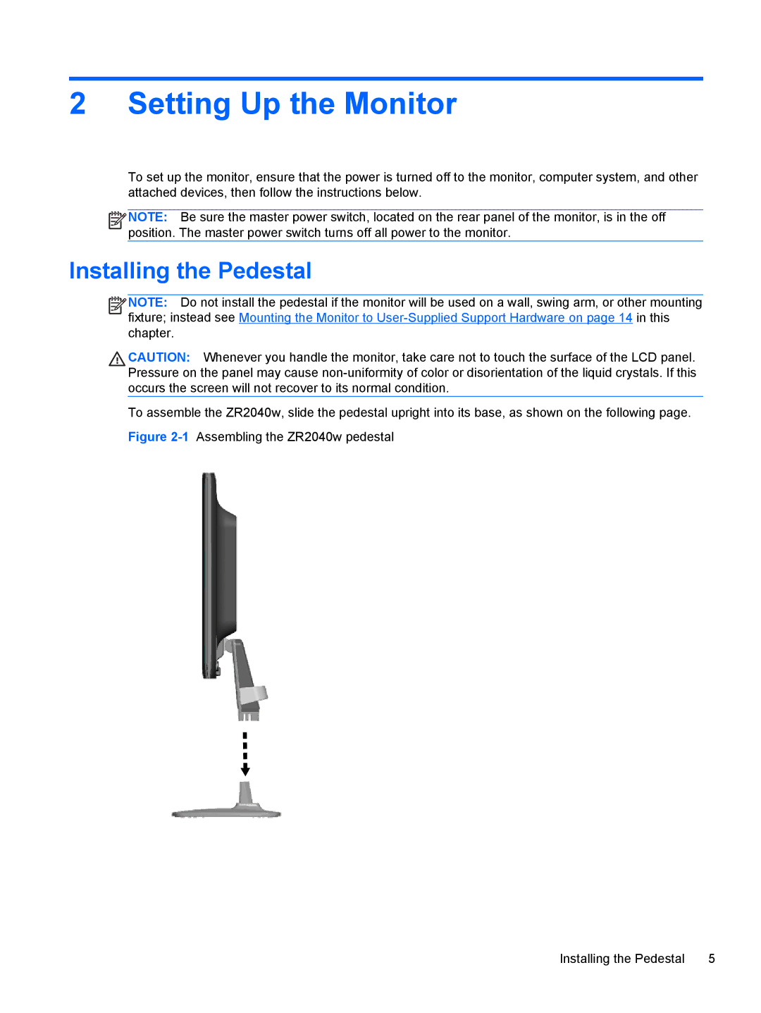 HP ZR2440w IPS manual Setting Up the Monitor, Installing the Pedestal 