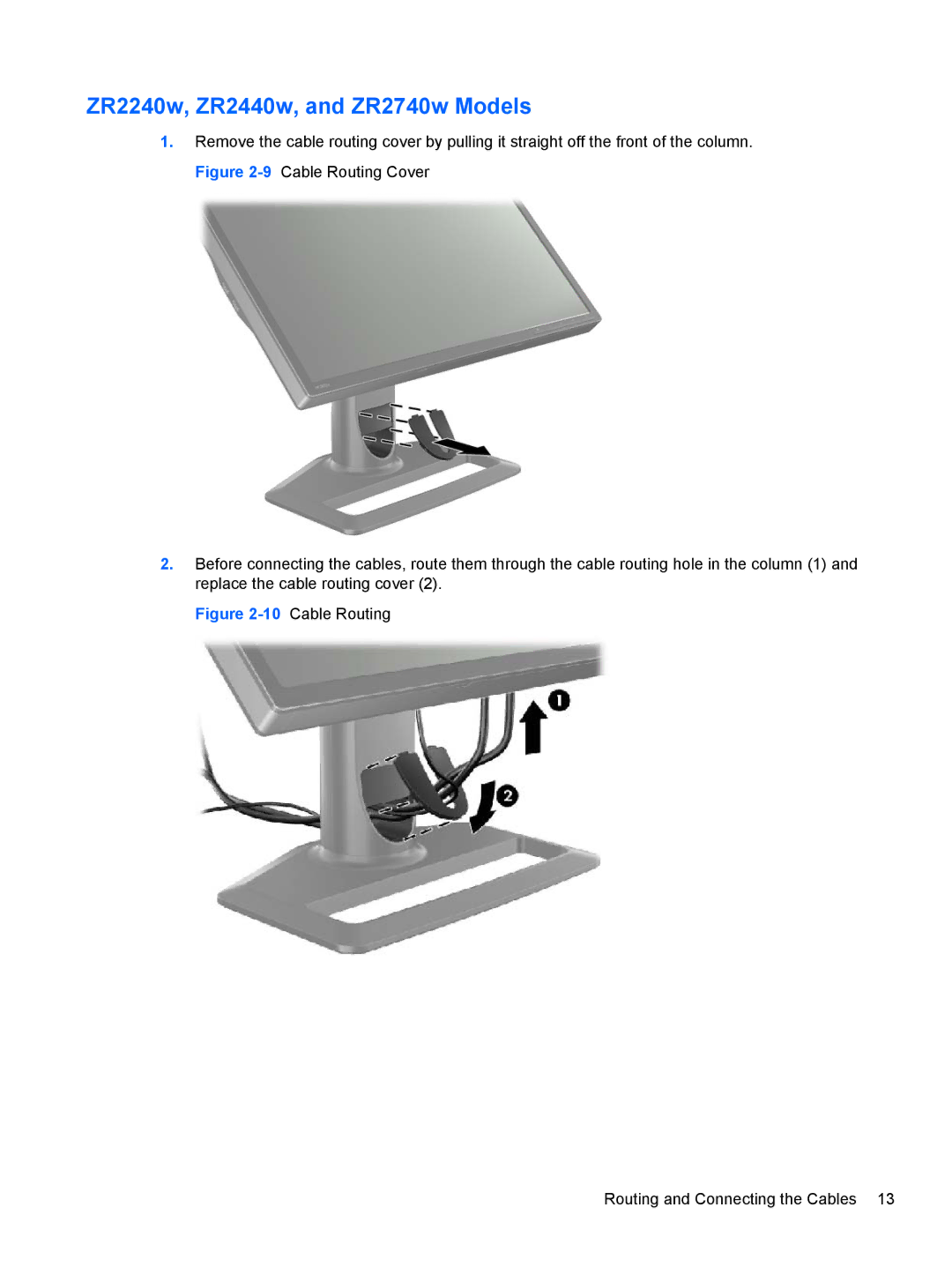 HP ZR2440w IPS manual ZR2240w, ZR2440w, and ZR2740w Models, 10Cable Routing Routing and Connecting the Cables 