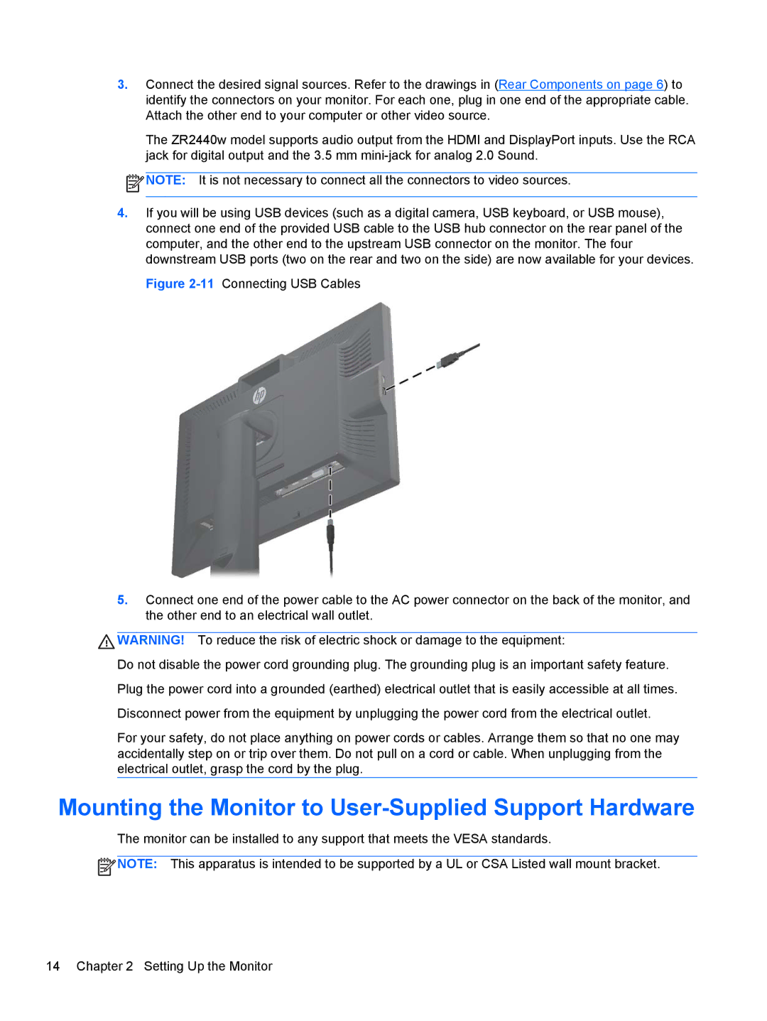 HP ZR2440w IPS manual Mounting the Monitor to User-Supplied Support Hardware 