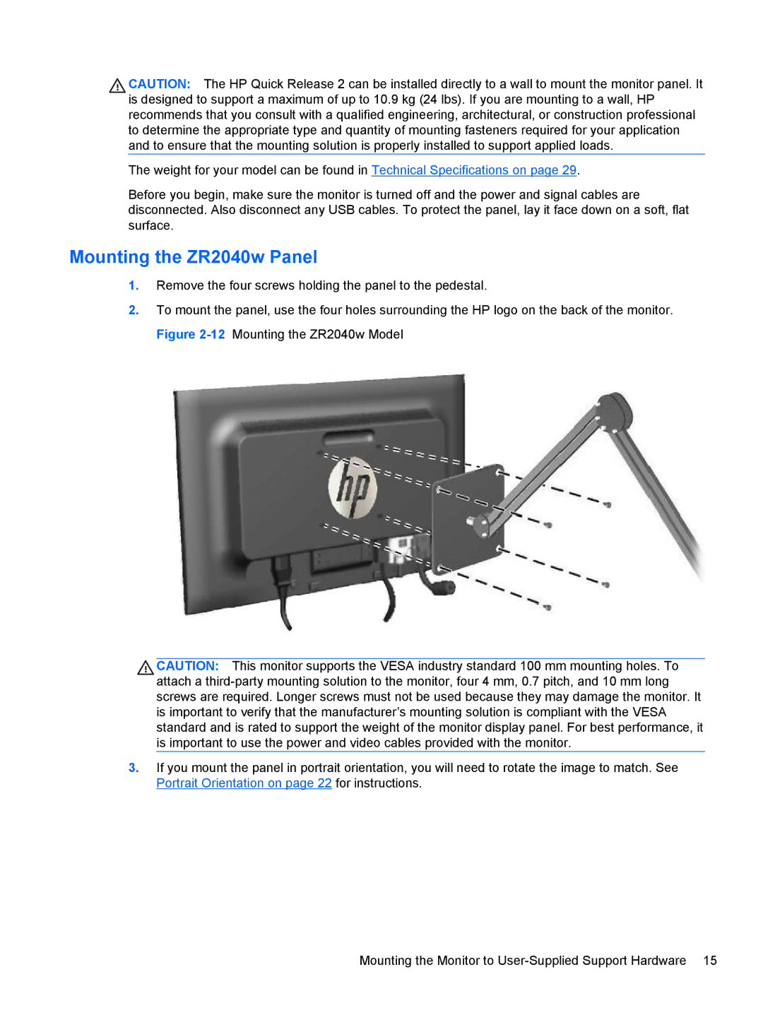 HP ZR2440w IPS manual Mounting the ZR2040w Panel 