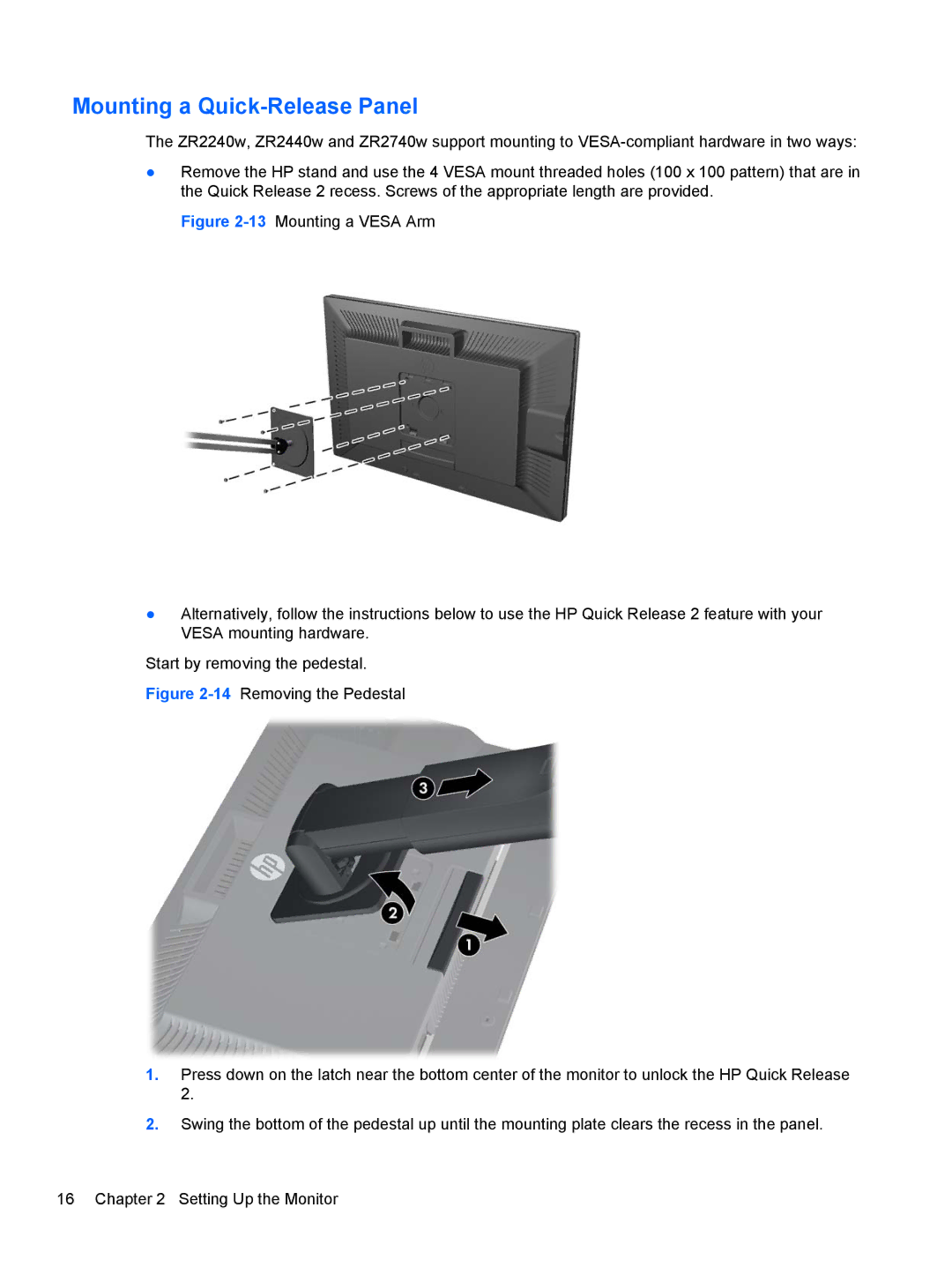 HP ZR2440w IPS manual Mounting a Quick-Release Panel 