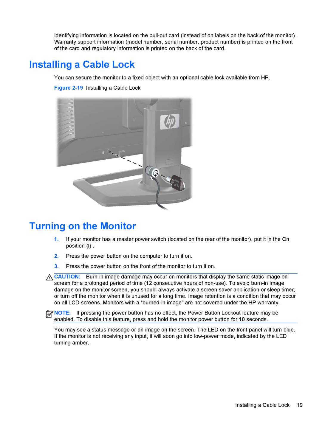 HP ZR2440w IPS manual Installing a Cable Lock, Turning on the Monitor 