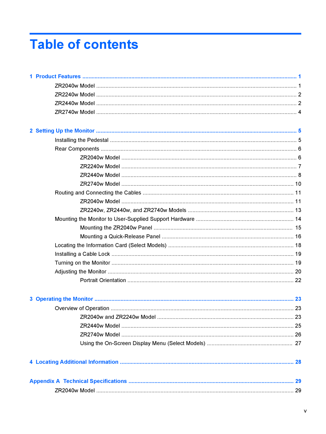 HP ZR2440w IPS manual Table of contents 