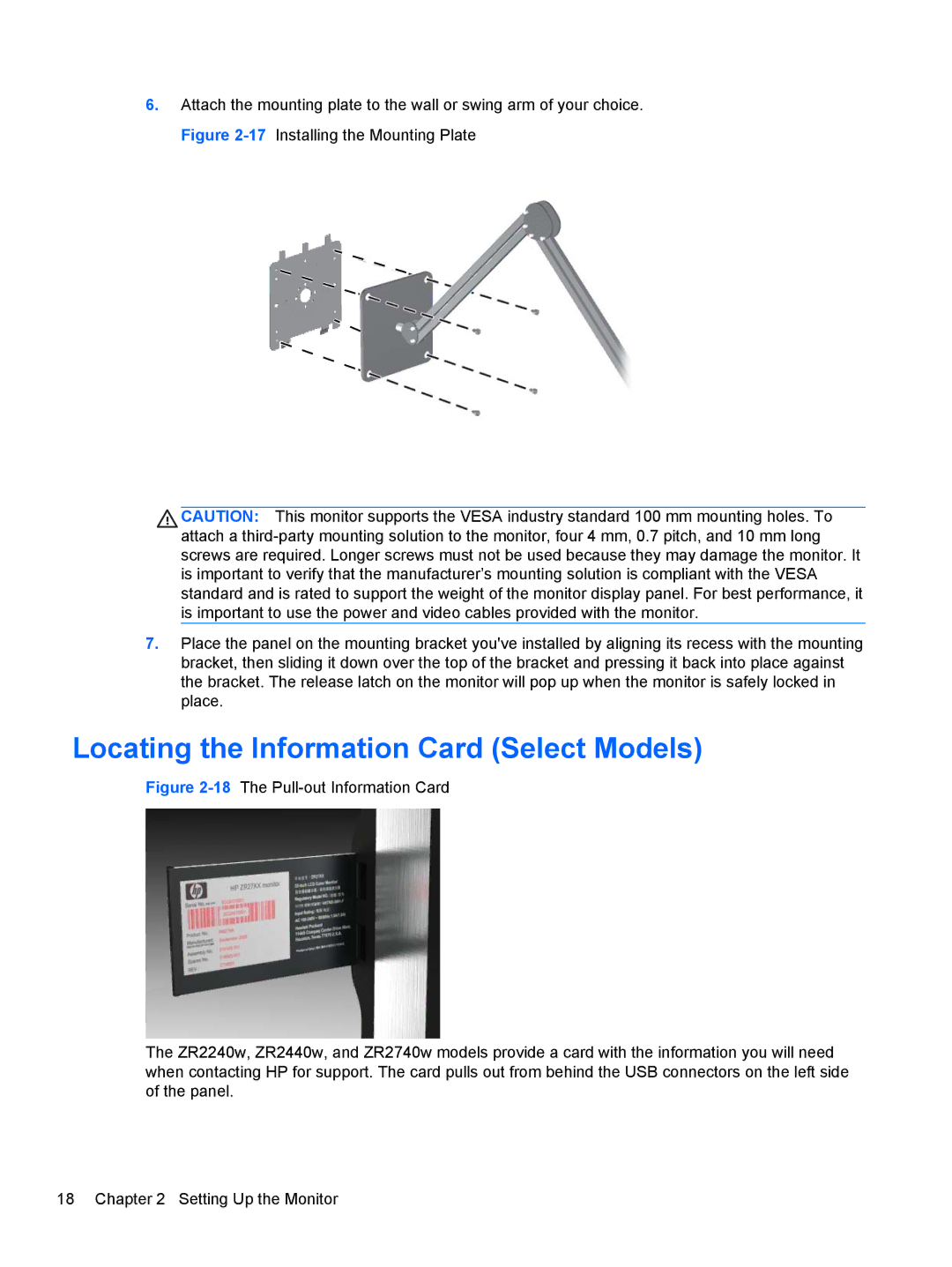 HP ZR2440W, ZR2740W, ZR2240W, ZR2040W manual Locating the Information Card Select Models 