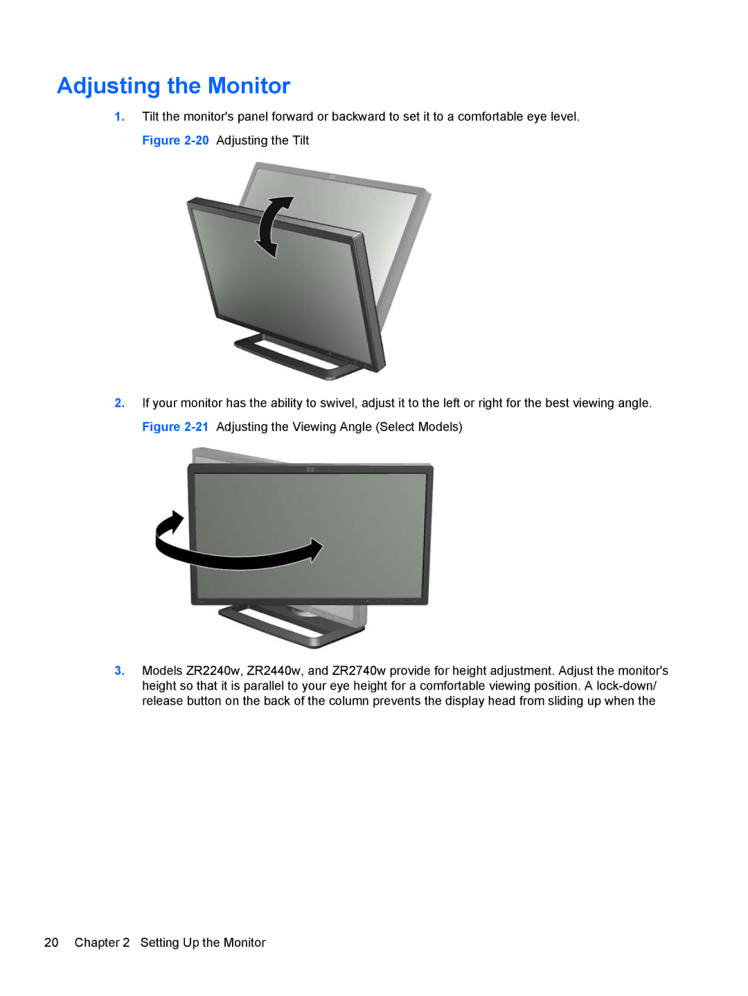 HP ZR2240W, ZR2440W, ZR2740W, ZR2040W manual Adjusting the Monitor 