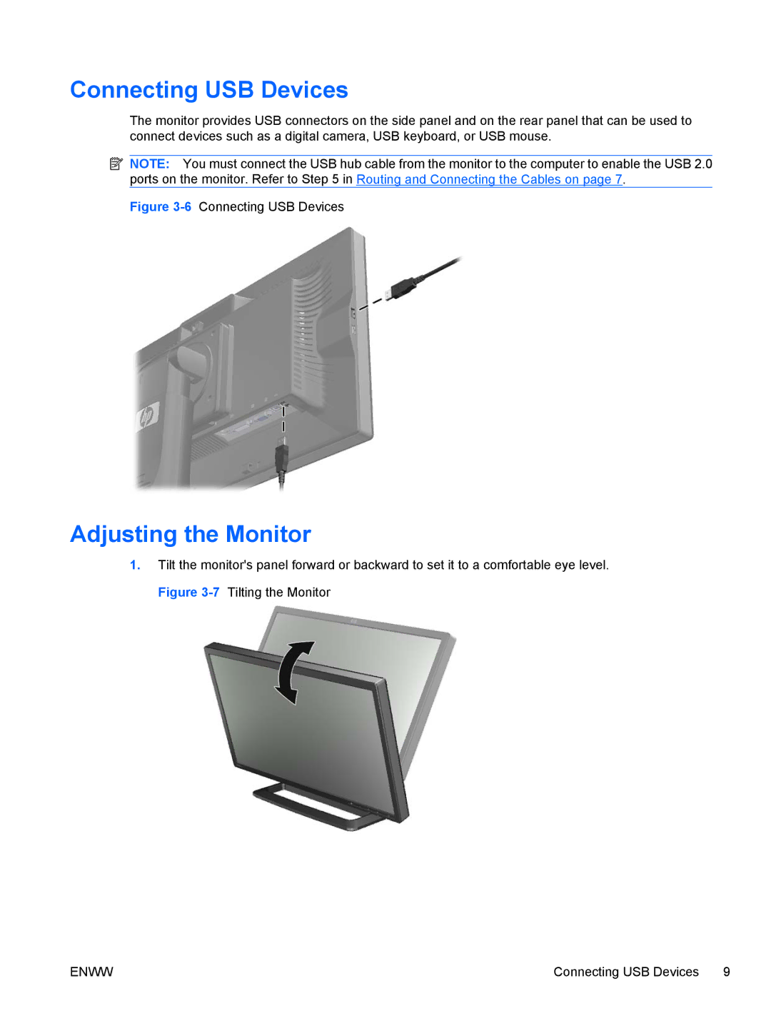 HP ZR22w, ZR24w manual Connecting USB Devices, Adjusting the Monitor 