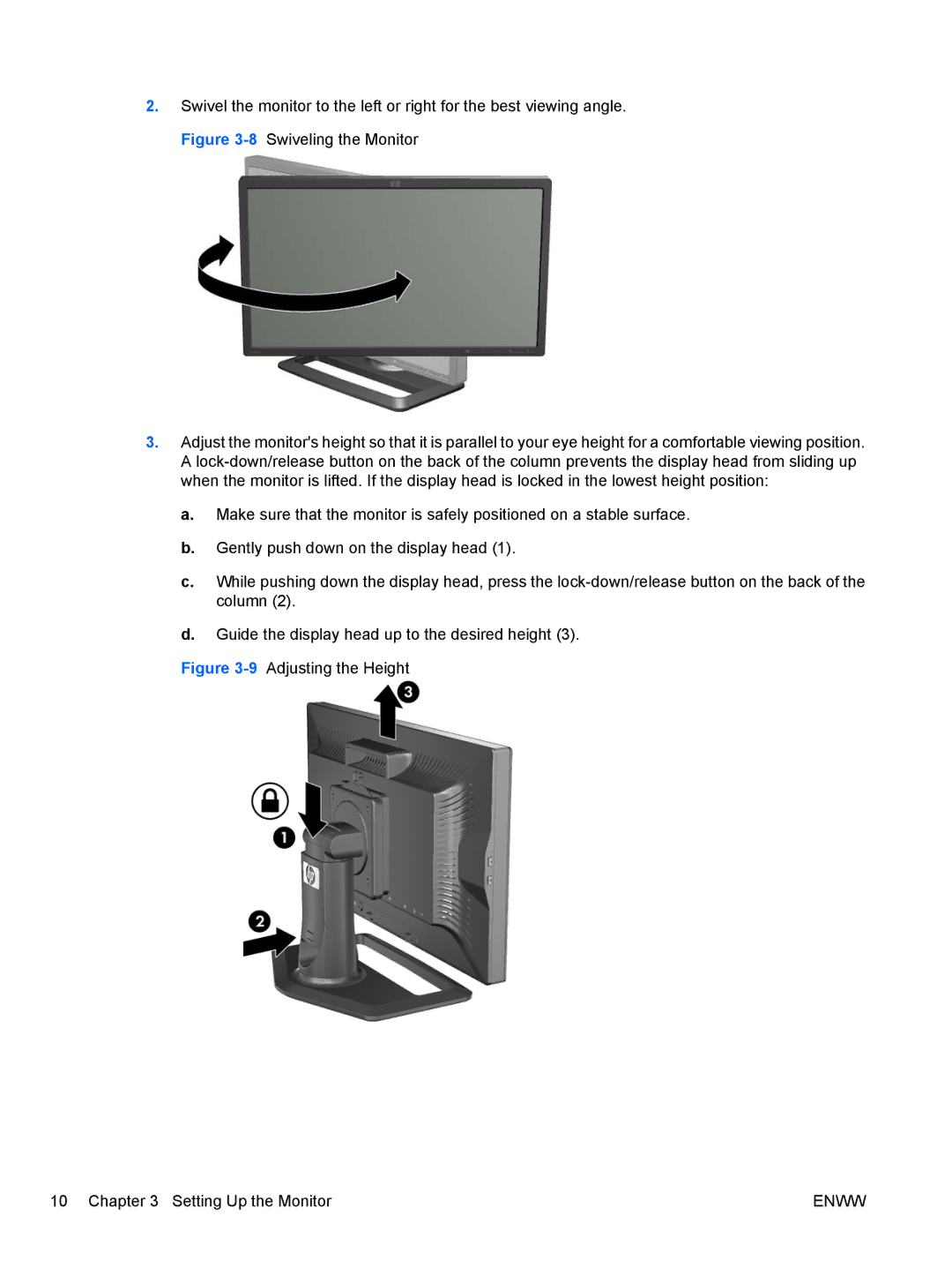 HP ZR24w, ZR22w manual 9Adjusting the Height Setting Up the Monitor 