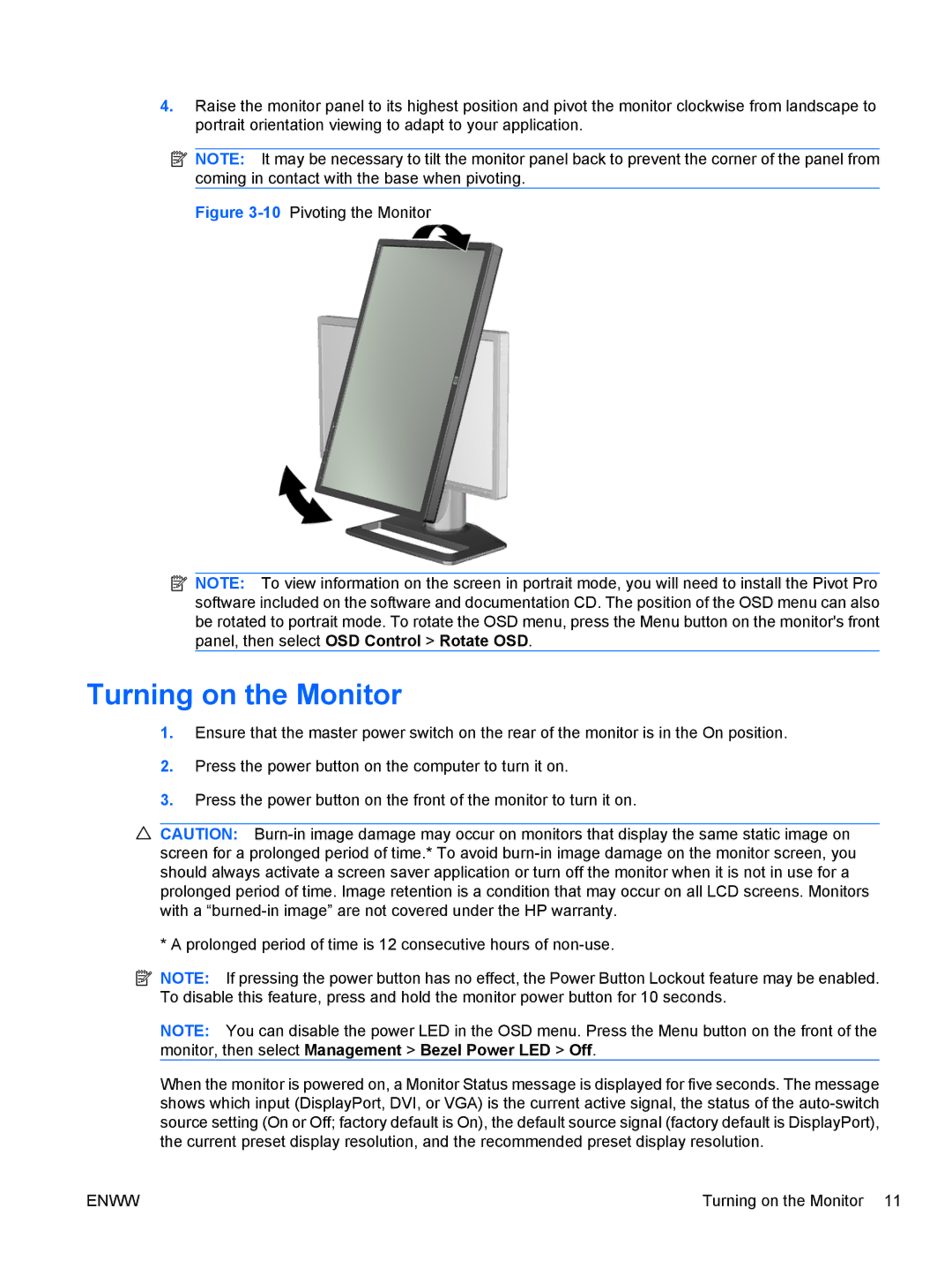 HP ZR22w, ZR24w manual Turning on the Monitor, 10Pivoting the Monitor 