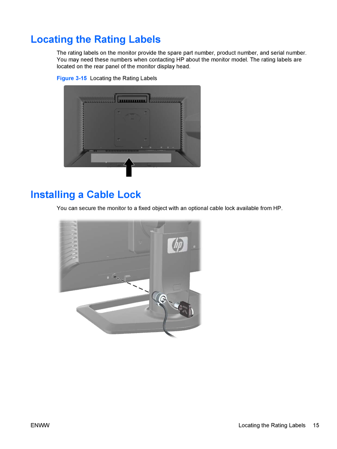 HP ZR22w, ZR24w manual Locating the Rating Labels, Installing a Cable Lock 