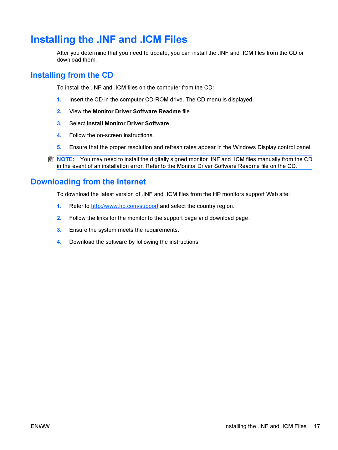 HP ZR22w, ZR24w manual Installing the .INF and .ICM Files, Installing from the CD, Downloading from the Internet 