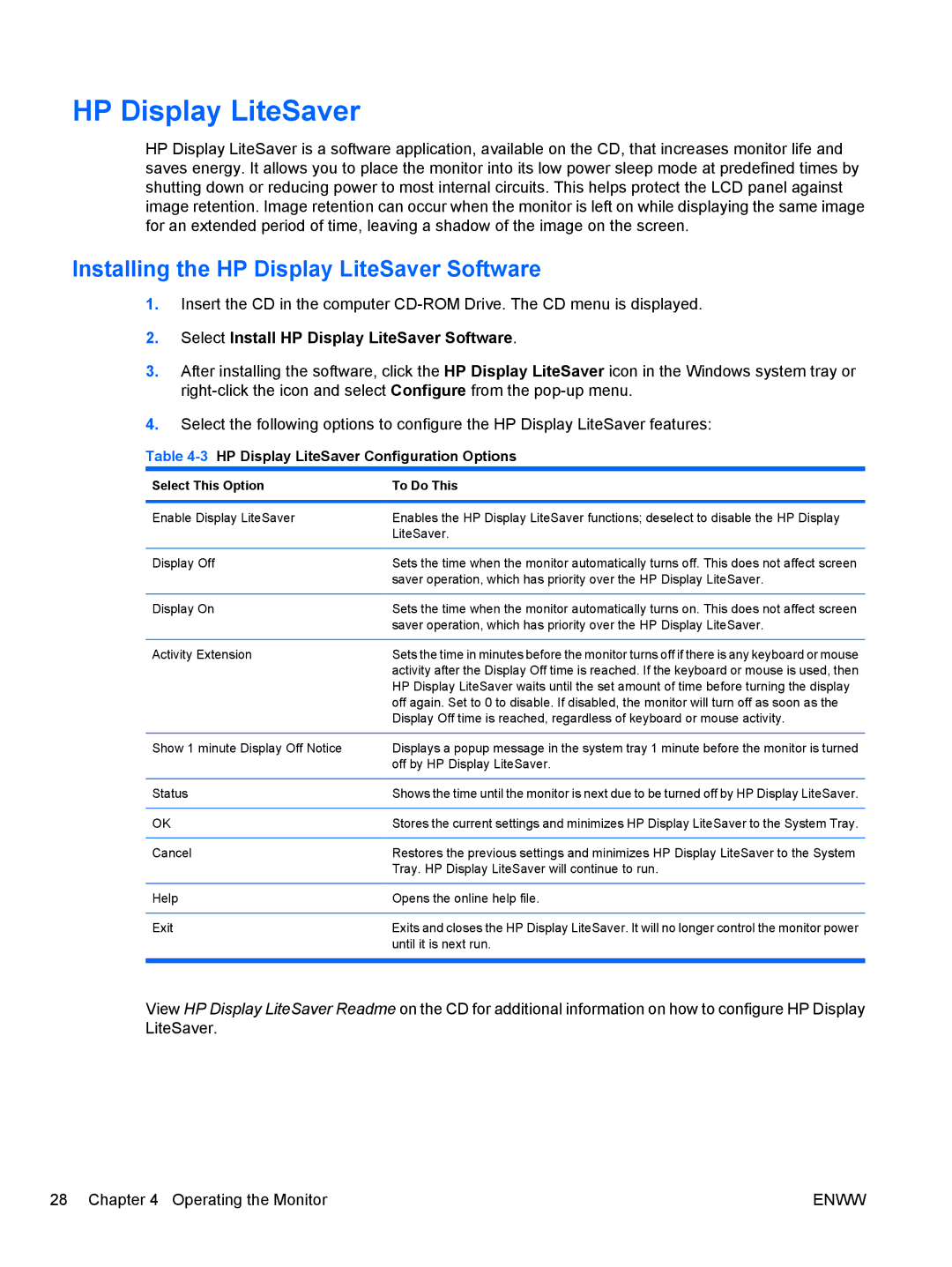 HP ZR24w, ZR22w manual Installing the HP Display LiteSaver Software, 3HP Display LiteSaver Configuration Options 