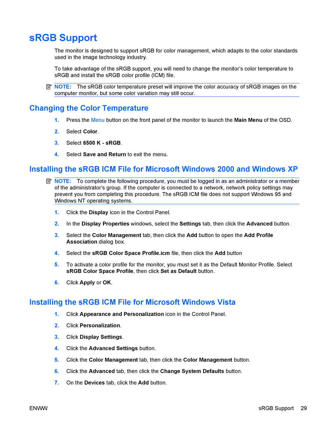 HP ZR22w, ZR24w SRGB Support, Changing the Color Temperature, Installing the sRGB ICM File for Microsoft Windows Vista 