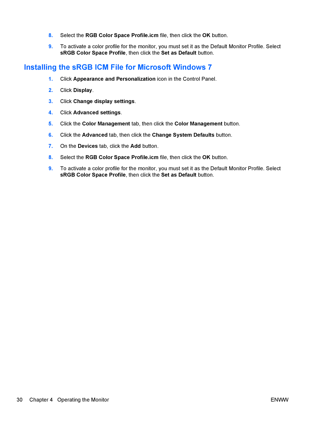 HP ZR24w, ZR22w Installing the sRGB ICM File for Microsoft Windows, Click Change display settings Click Advanced settings 