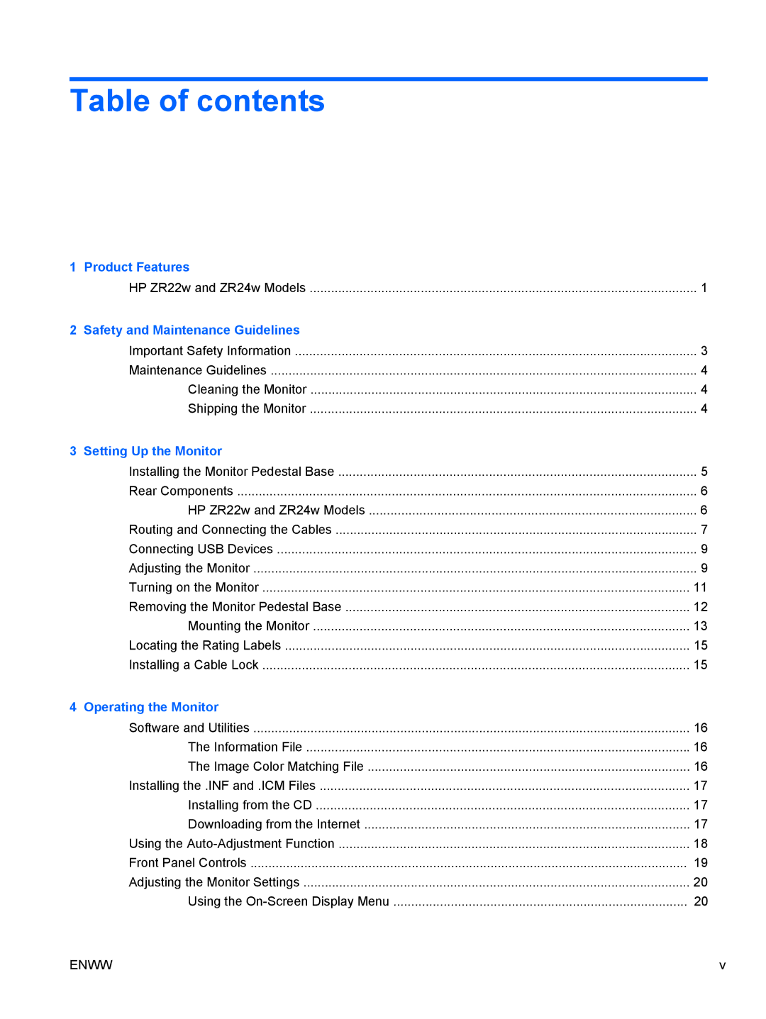 HP ZR22w, ZR24w manual Table of contents 