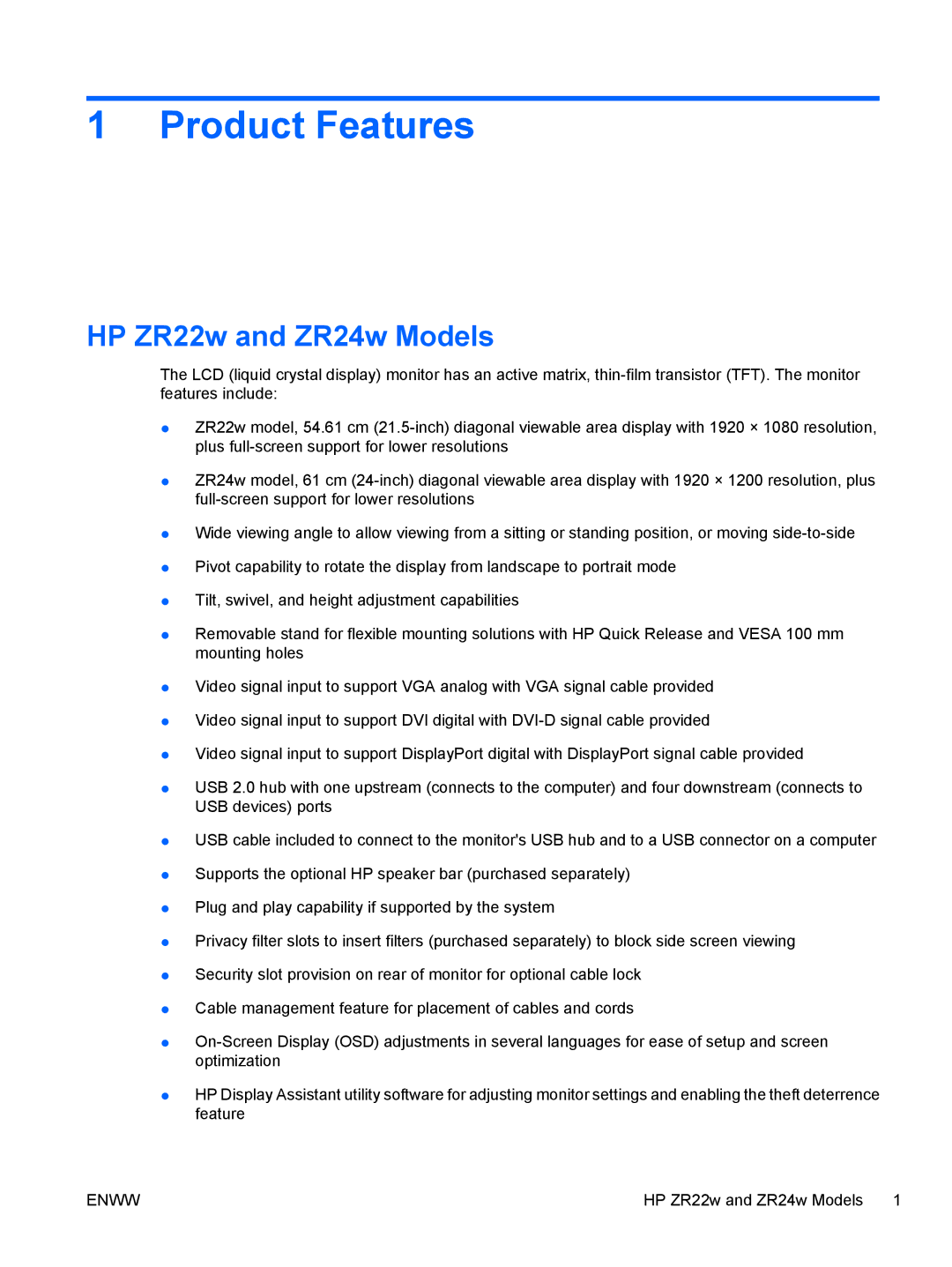 HP manual Product Features, HP ZR22w and ZR24w Models 