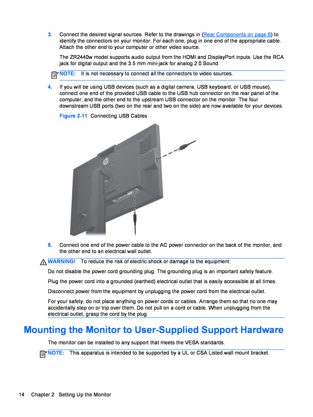 HP ZR2740w 27-inch IPS manual Mounting the Monitor to User-Supplied Support Hardware 