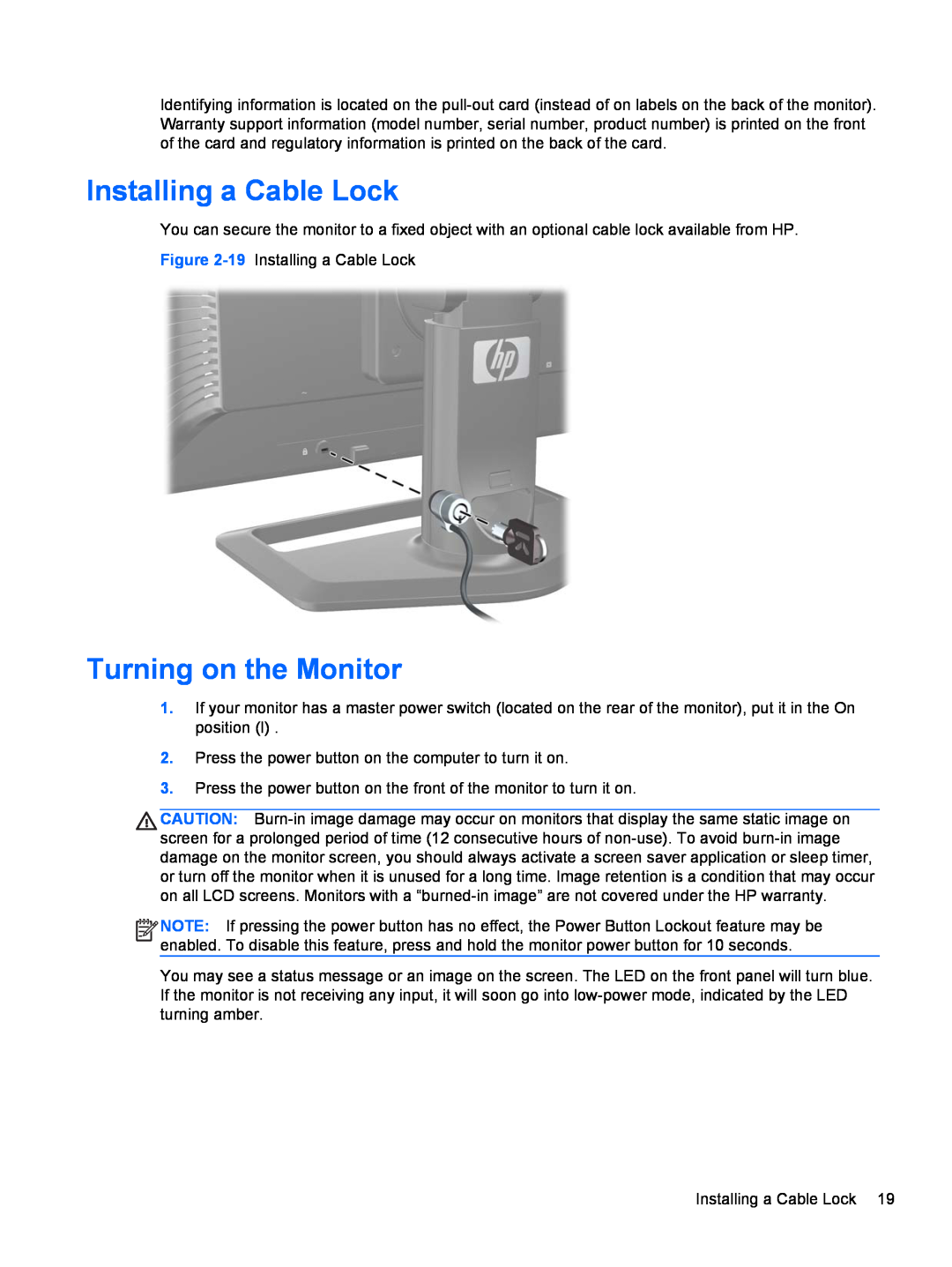 HP ZR2740w 27-inch IPS manual Installing a Cable Lock, Turning on the Monitor 