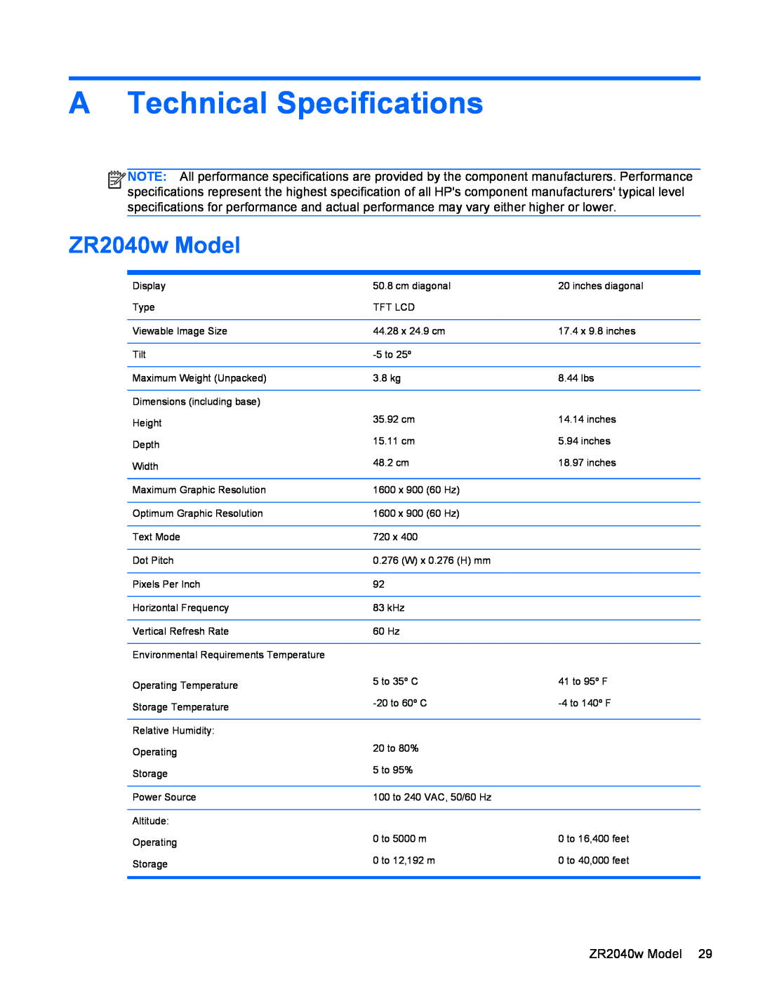 HP ZR2740w 27-inch IPS manual A Technical Specifications, ZR2040w Model 