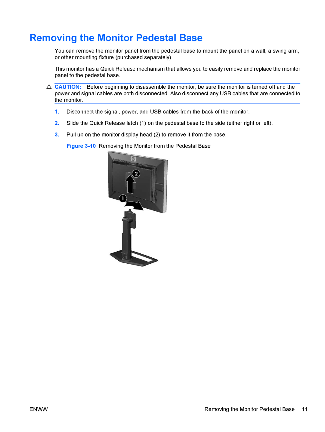 HP ZR30W manual Removing the Monitor Pedestal Base 