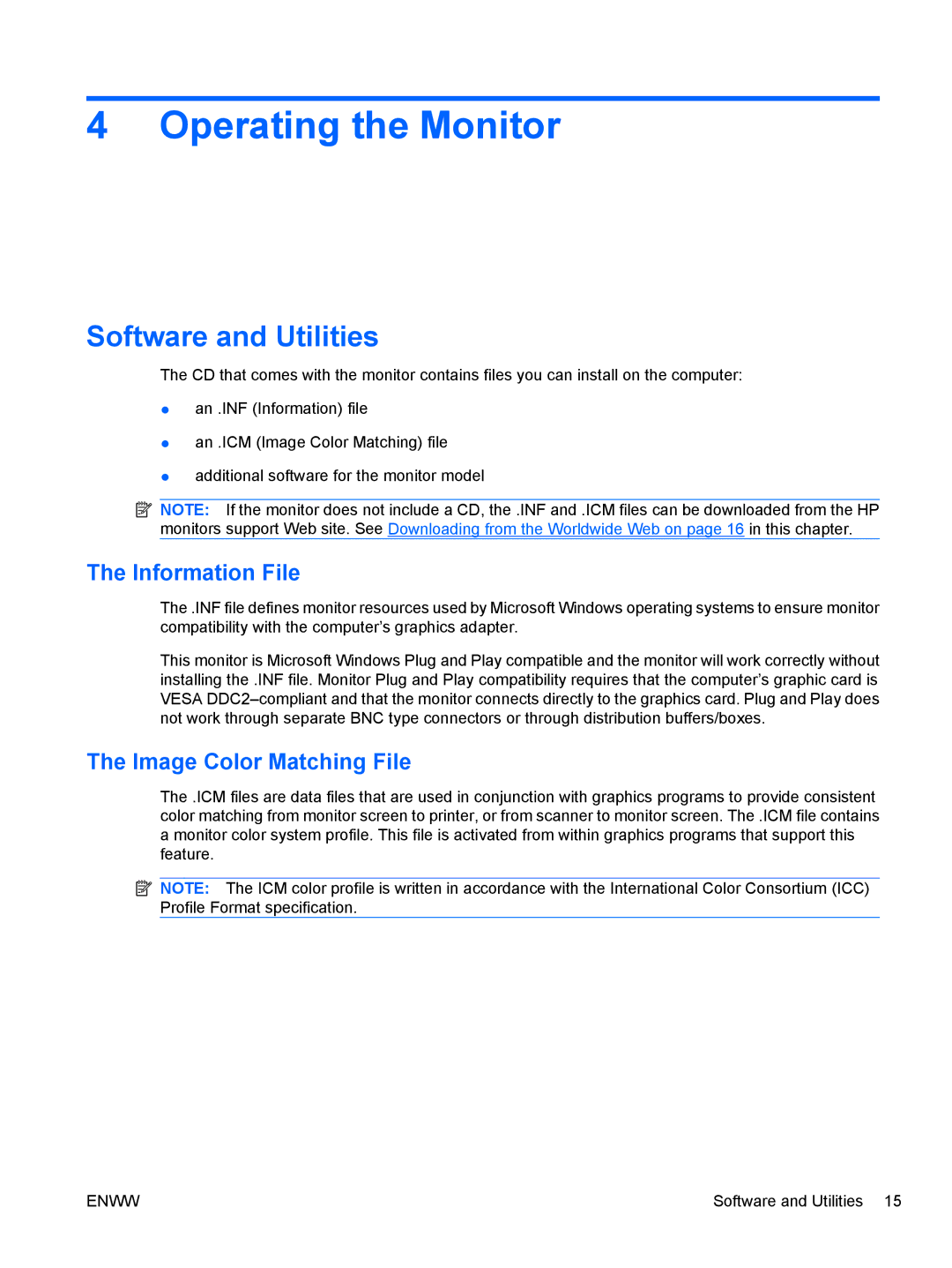 HP ZR30W manual Operating the Monitor, Software and Utilities, Information File, Image Color Matching File 