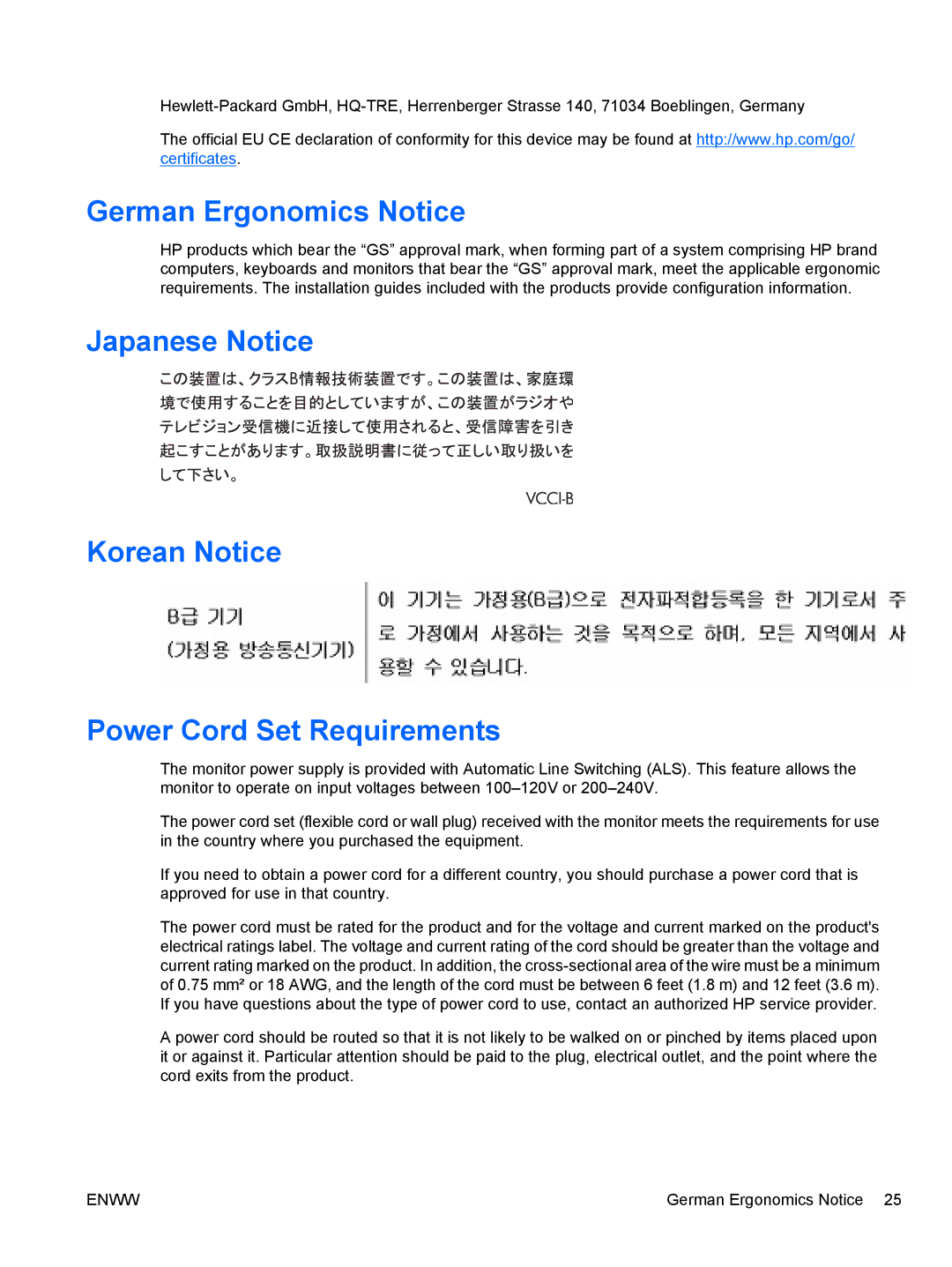 HP ZR30W manual German Ergonomics Notice, Japanese Notice Korean Notice Power Cord Set Requirements 