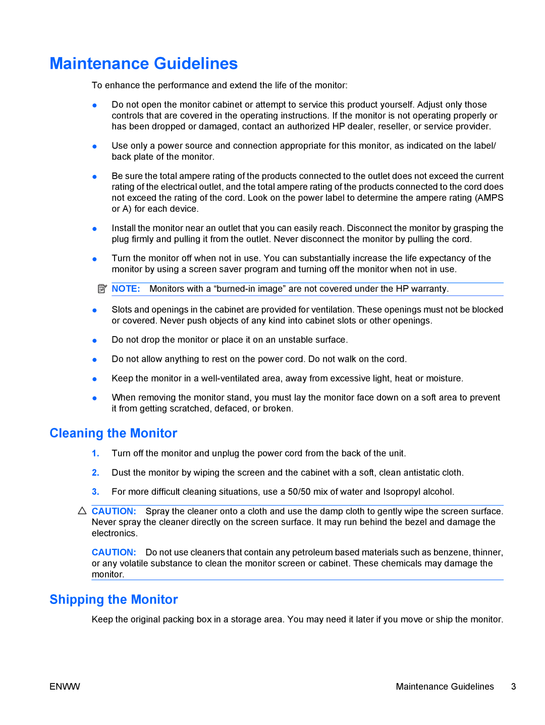 HP ZR30W manual Maintenance Guidelines, Cleaning the Monitor, Shipping the Monitor 