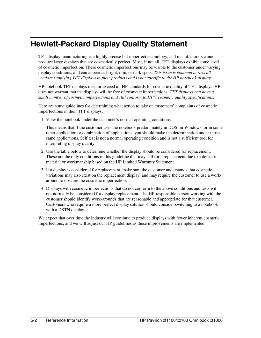 HP ZT1100 manual Hewlett-Packard Display Quality Statement 