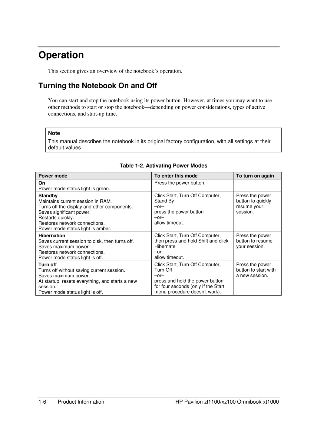 HP ZT1100 manual Operation, Turning the Notebook On and Off, Activating Power Modes 