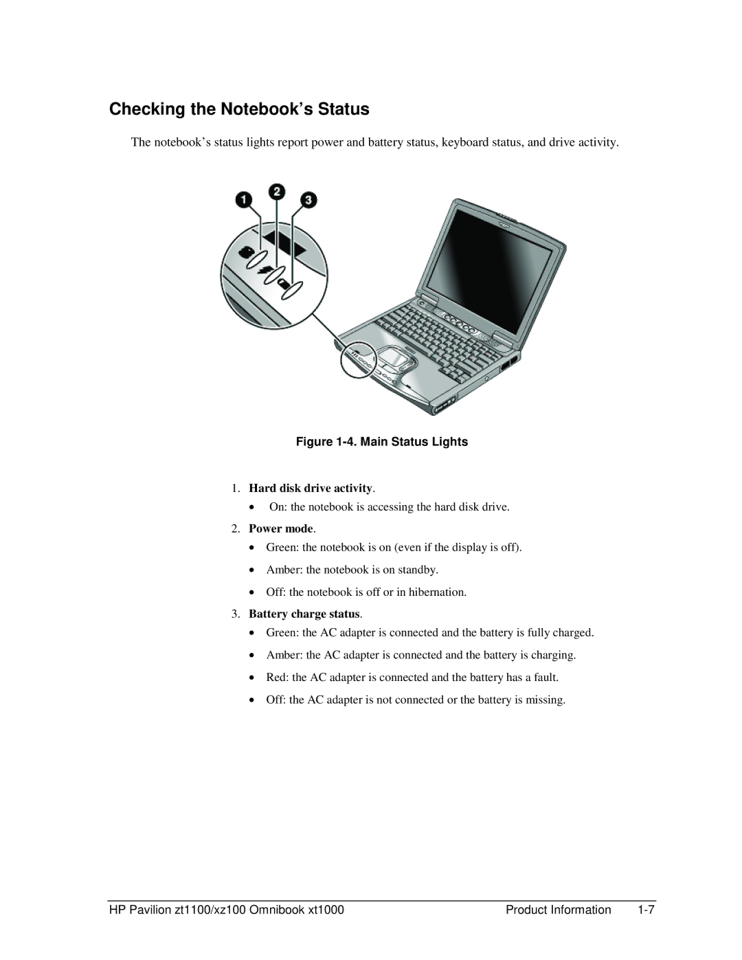 HP ZT1100 manual Checking the Notebook’s Status, Main Status Lights 