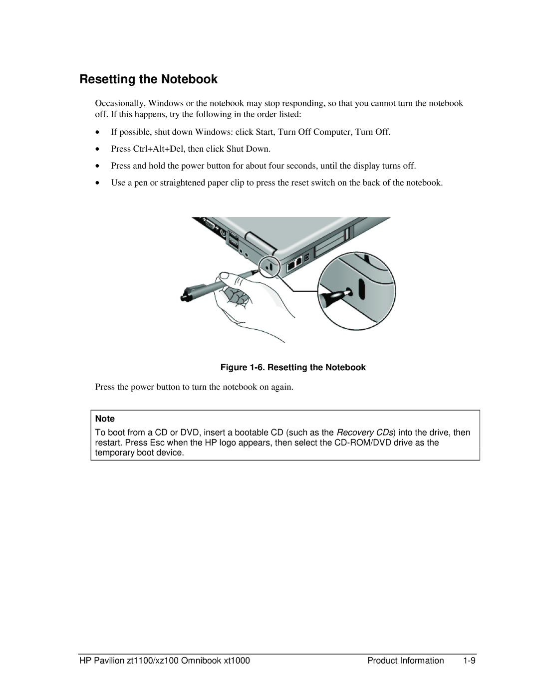 HP ZT1100 manual Resetting the Notebook 