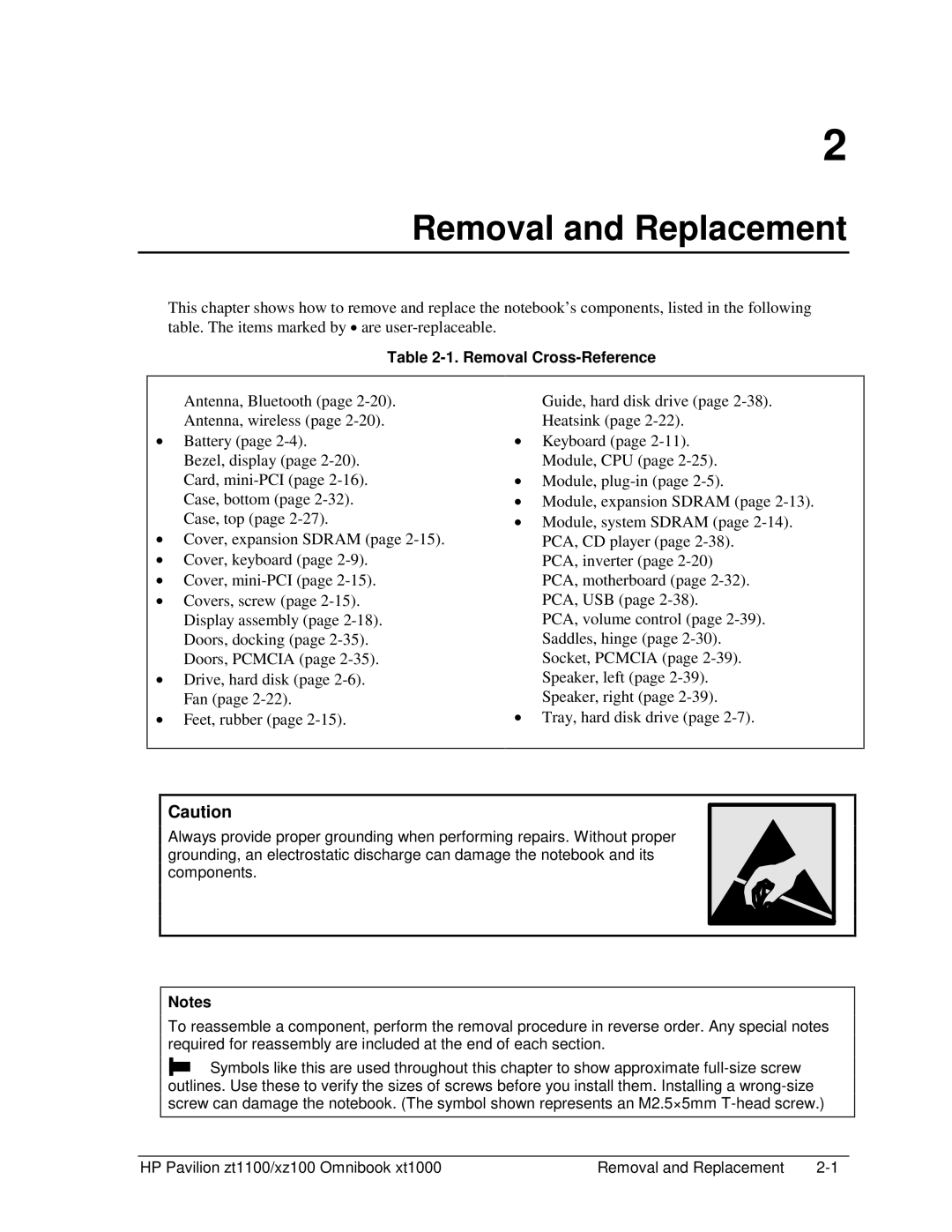 HP ZT1100 manual Removal and Replacement, Removal Cross-Reference 