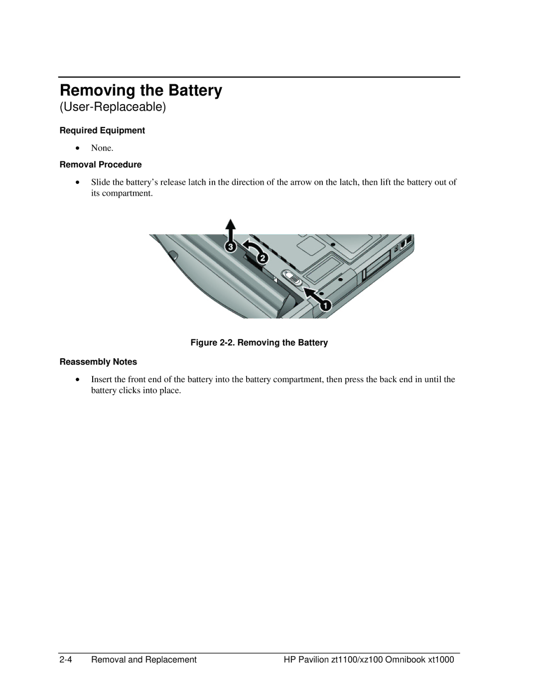 HP ZT1100 manual Removing the Battery, Removal Procedure 