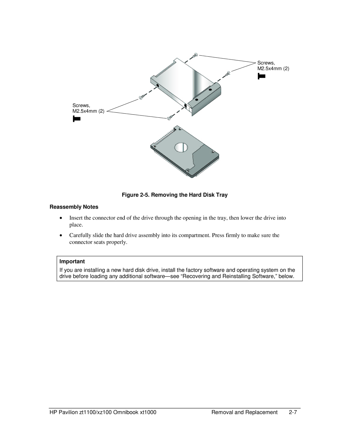 HP ZT1100 manual Removing the Hard Disk Tray Reassembly Notes 