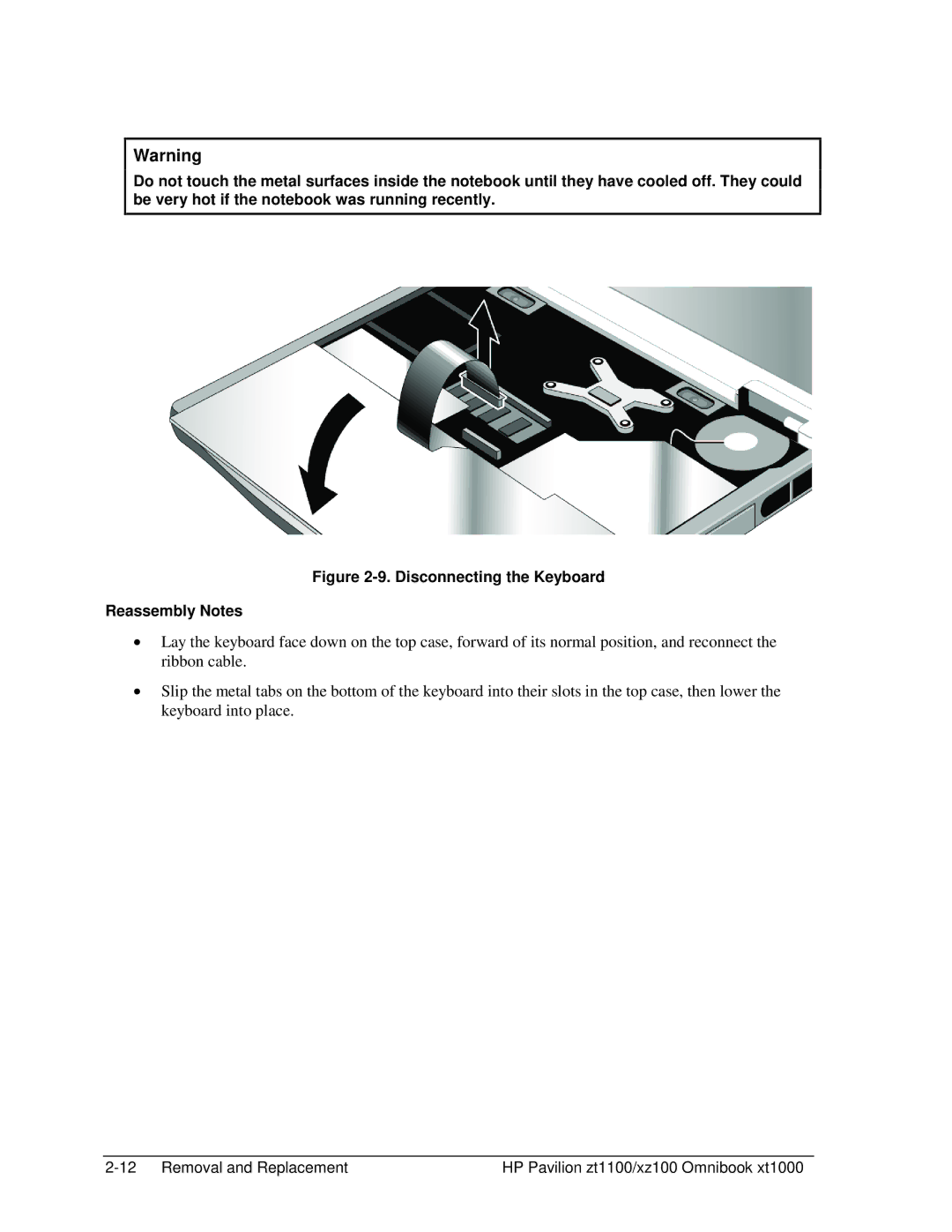 HP ZT1100 manual Disconnecting the Keyboard Reassembly Notes 