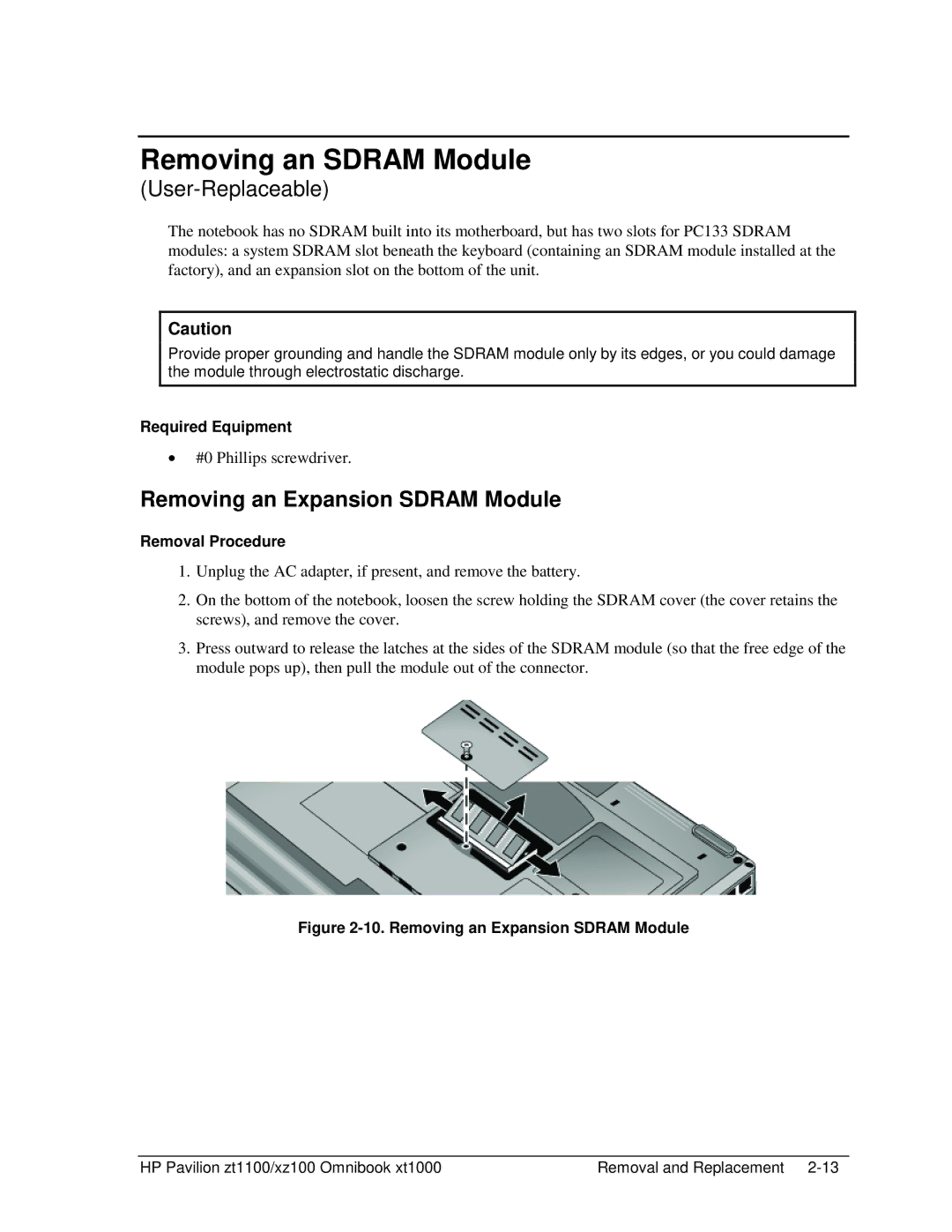 HP ZT1100 manual Removing an Sdram Module, Removing an Expansion Sdram Module 