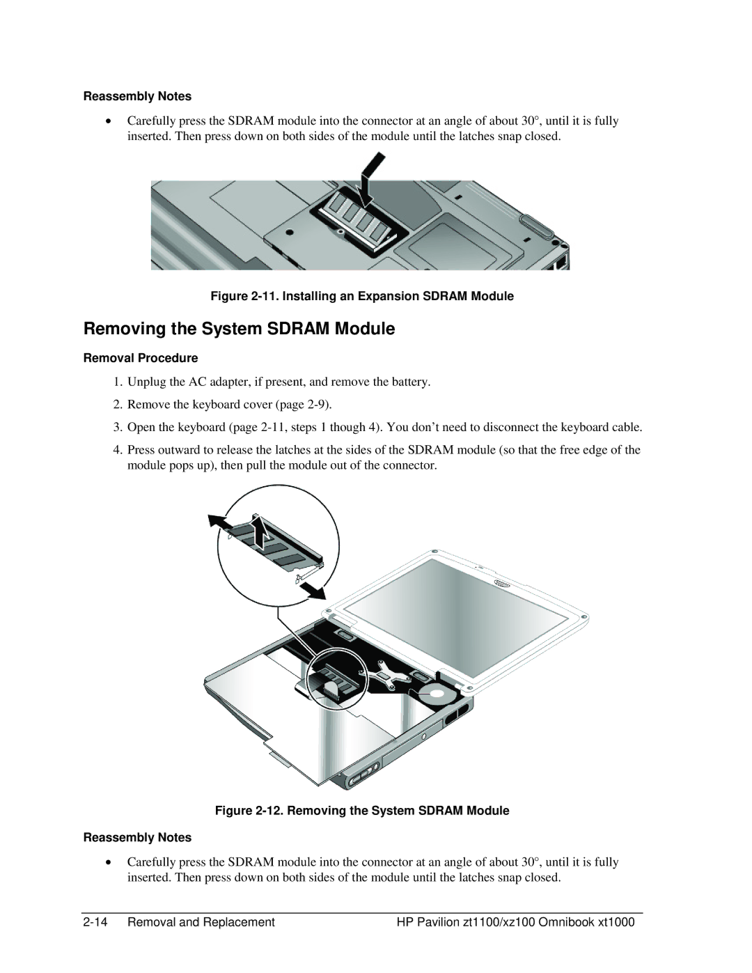 HP ZT1100 manual Removing the System Sdram Module, Installing an Expansion Sdram Module 