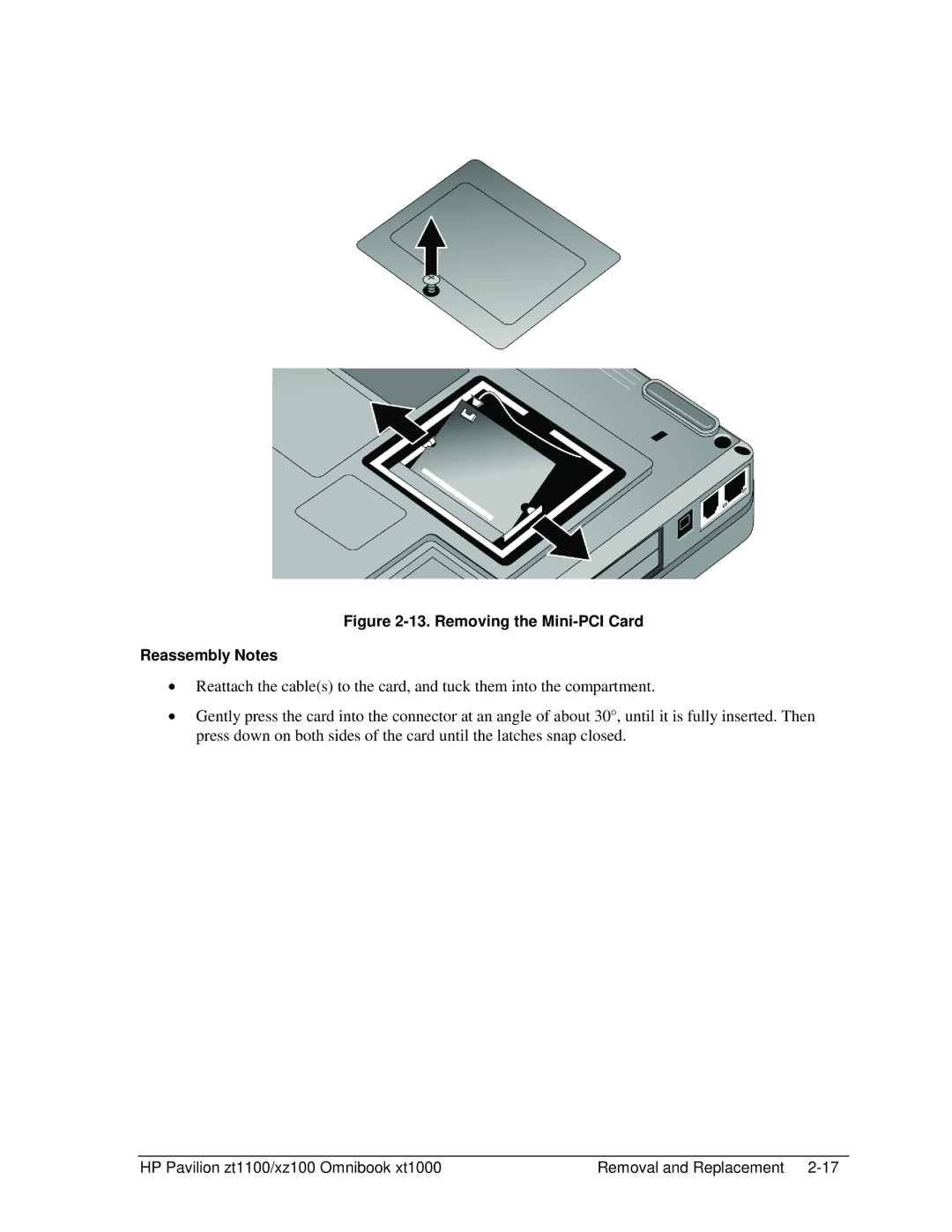 HP ZT1100 manual Removing the Mini-PCI Card Reassembly Notes 