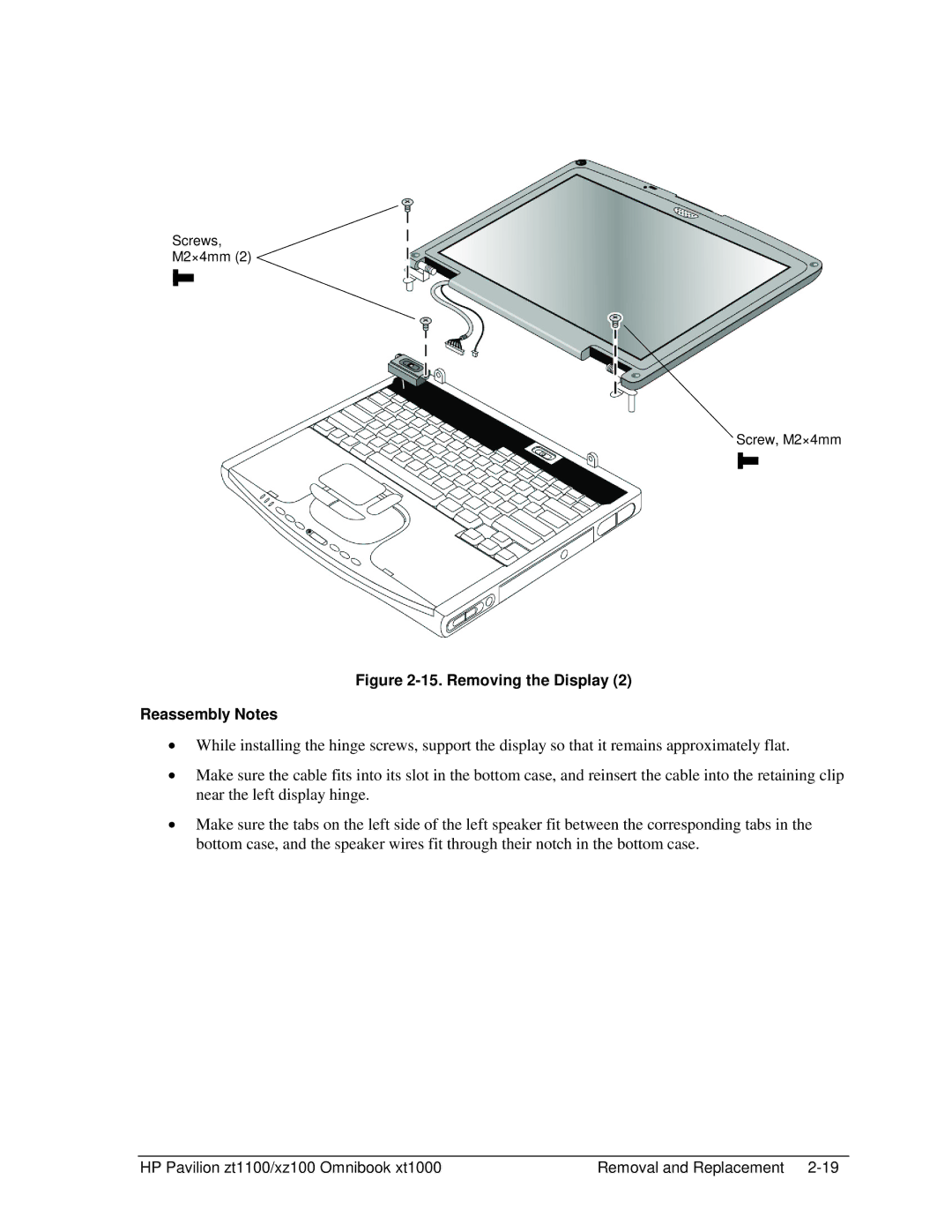 HP ZT1100 manual Removing the Display Reassembly Notes 