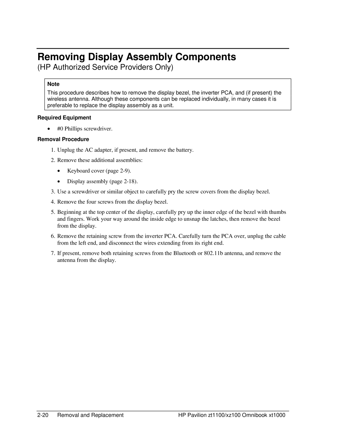 HP ZT1100 manual Removing Display Assembly Components 